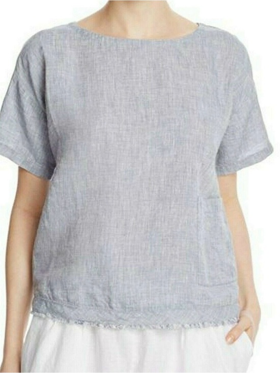 Eileen Fisher Tops - Eileen Fisher Organic Linen Blue Yarn Dyed Chambray Blouse